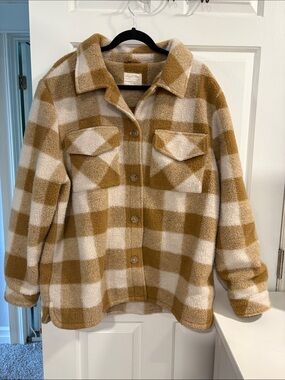 Rylee + Cru Tan and Cream Plaid Wool Sherpa Shacket Coat
